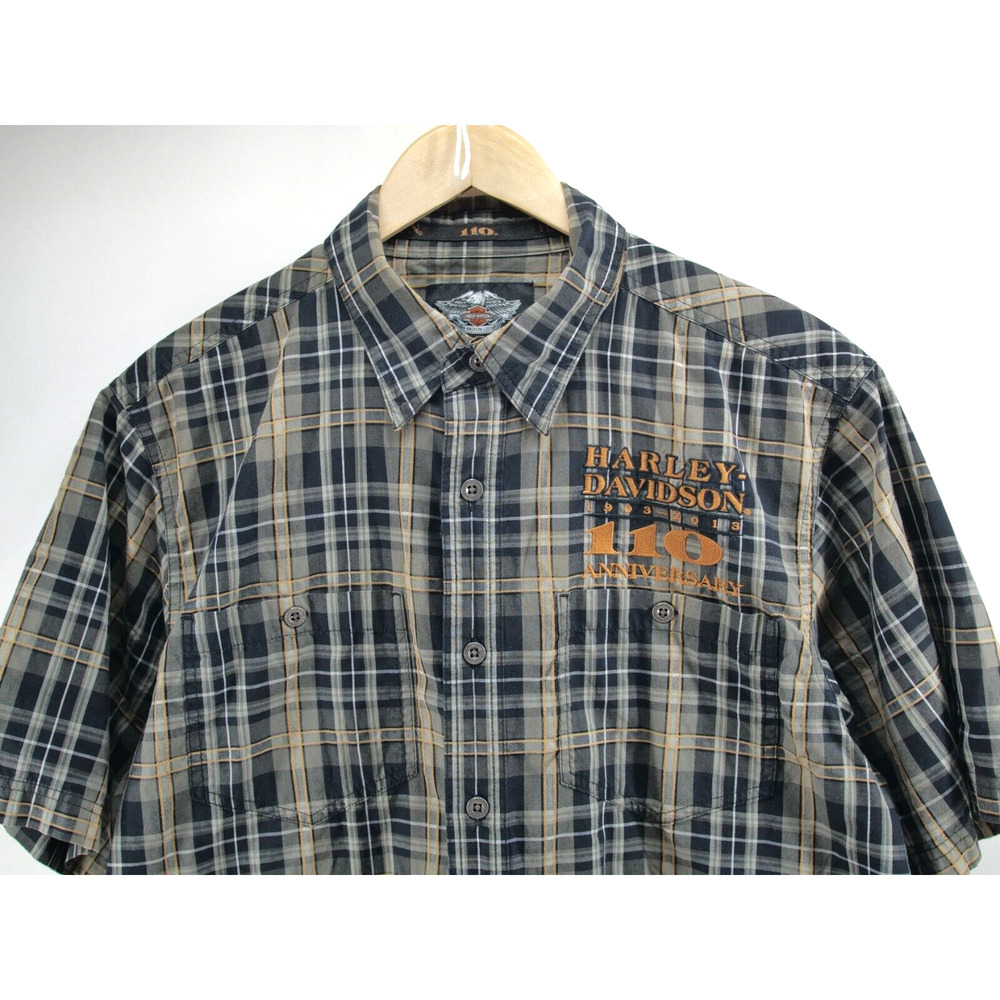 HARLEY‎ DAVIDSON Shirt Size L Plaid Black Button Up 110th Anniversary 2013